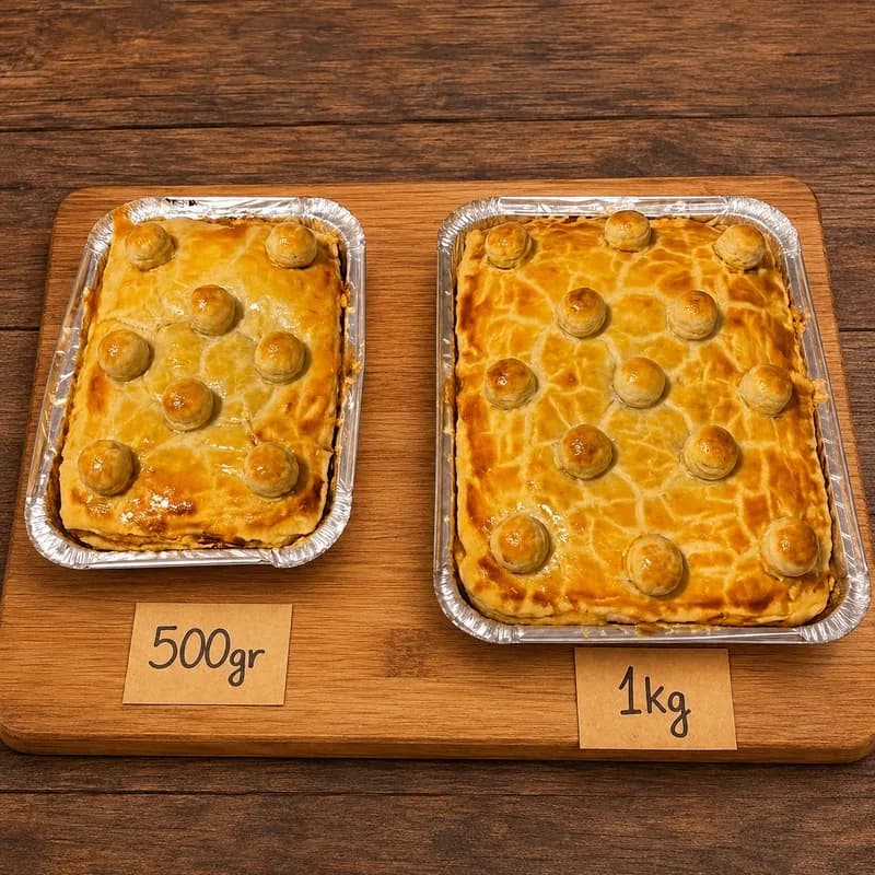 Chicken and palm heart pie in 500 g and 1 kg trays, studded with pastry balls