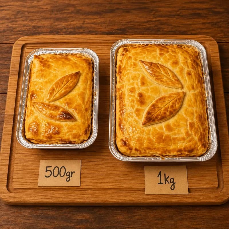 Palm heart pie in 500 g and 1 kg trays, with pastry leaves on the lid